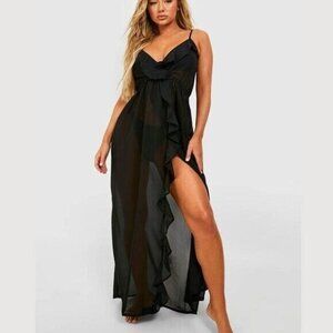Boohoo NWT Split Maxi Beach Dress L Black Womens Resort‎ Spring Break Vacation